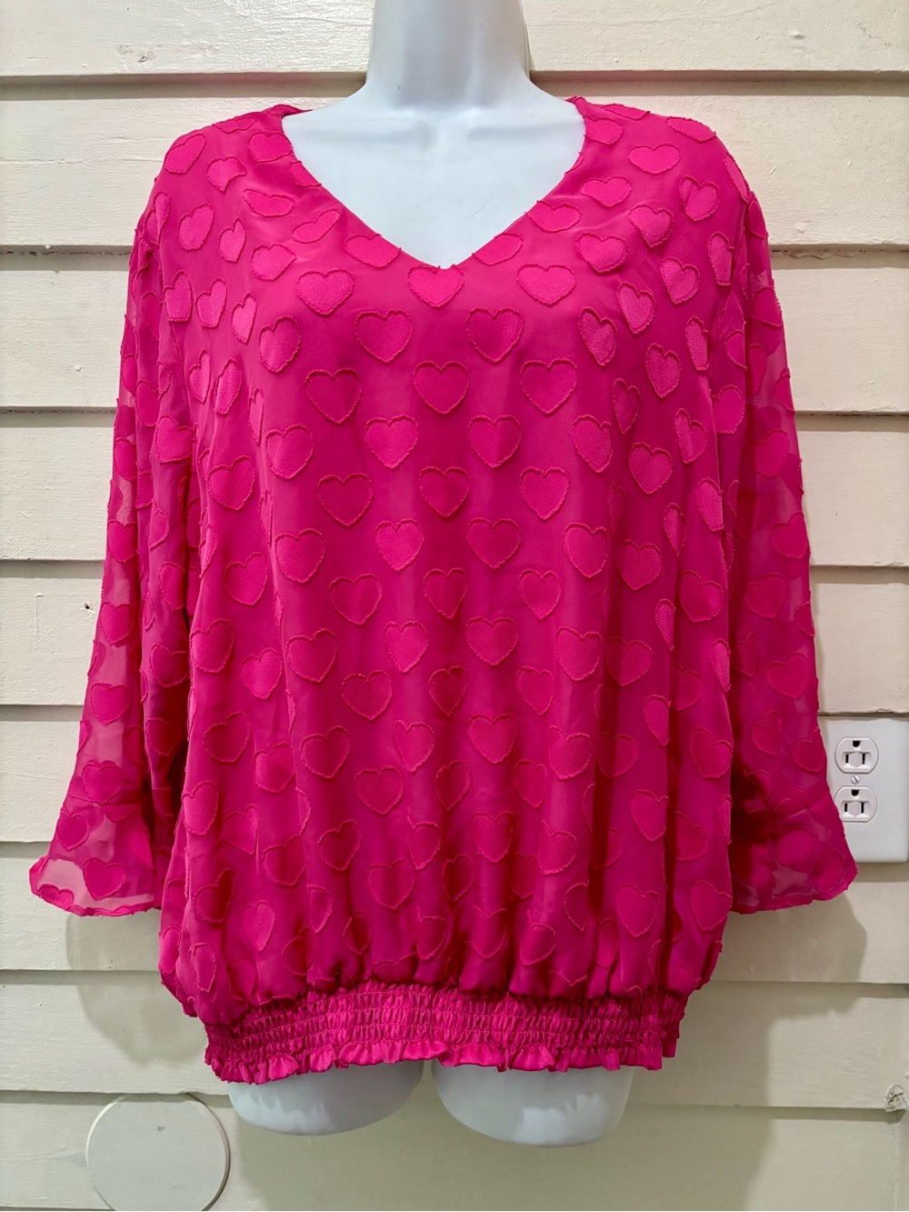 🔥5 for $25🔥 Cato Plus Size Barbie Pink Textured Heart Print Ruffle Sleeve Top
